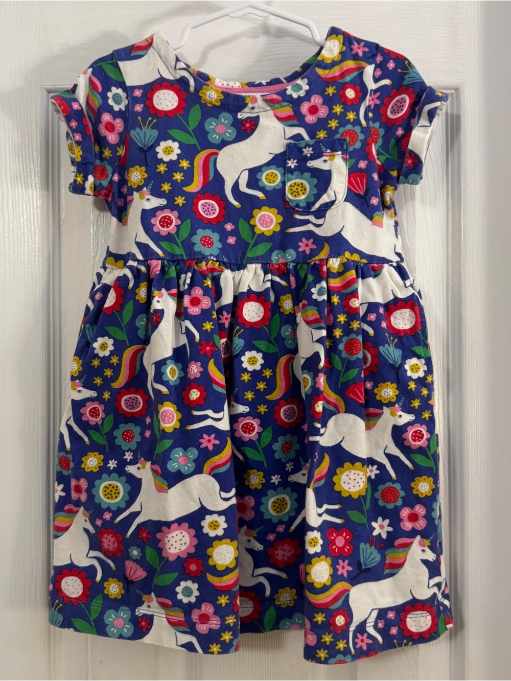 Mini Boden Baby Girl Navy Unicorn & Multicolored Floral 100% Cotton Dress